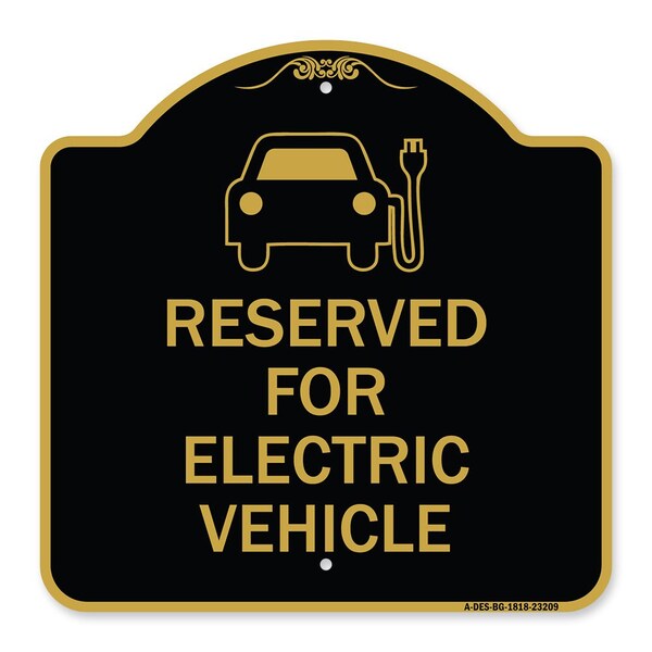 Reserved for Electric Vehicle W/ Graphic, Black & Gold Aluminum Sign, 18" x 18", BG-1818-23209